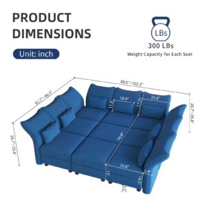 LLappuil Oversized Sleeper Sectional Sofa Couch, 102.2" 9-Seater Bed Shaped Modular Sectional Sofa with Storage Chaise, High Back Recliner Velvet Couches, Anti-Scratch Blue