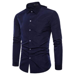 men's long sleeve stylish shirts solid color casual button down shirts turn-down collar shirt top with pockets (dark blue,large)