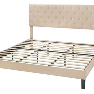 Allewie King Bed Frame with Adjustable Headboard/Diamond Stitched Button Tufted/Fabric Upholstered Platform Bed Frame/Wood Slat Support/No Box Spring Needed/Easy Assembly, Beige