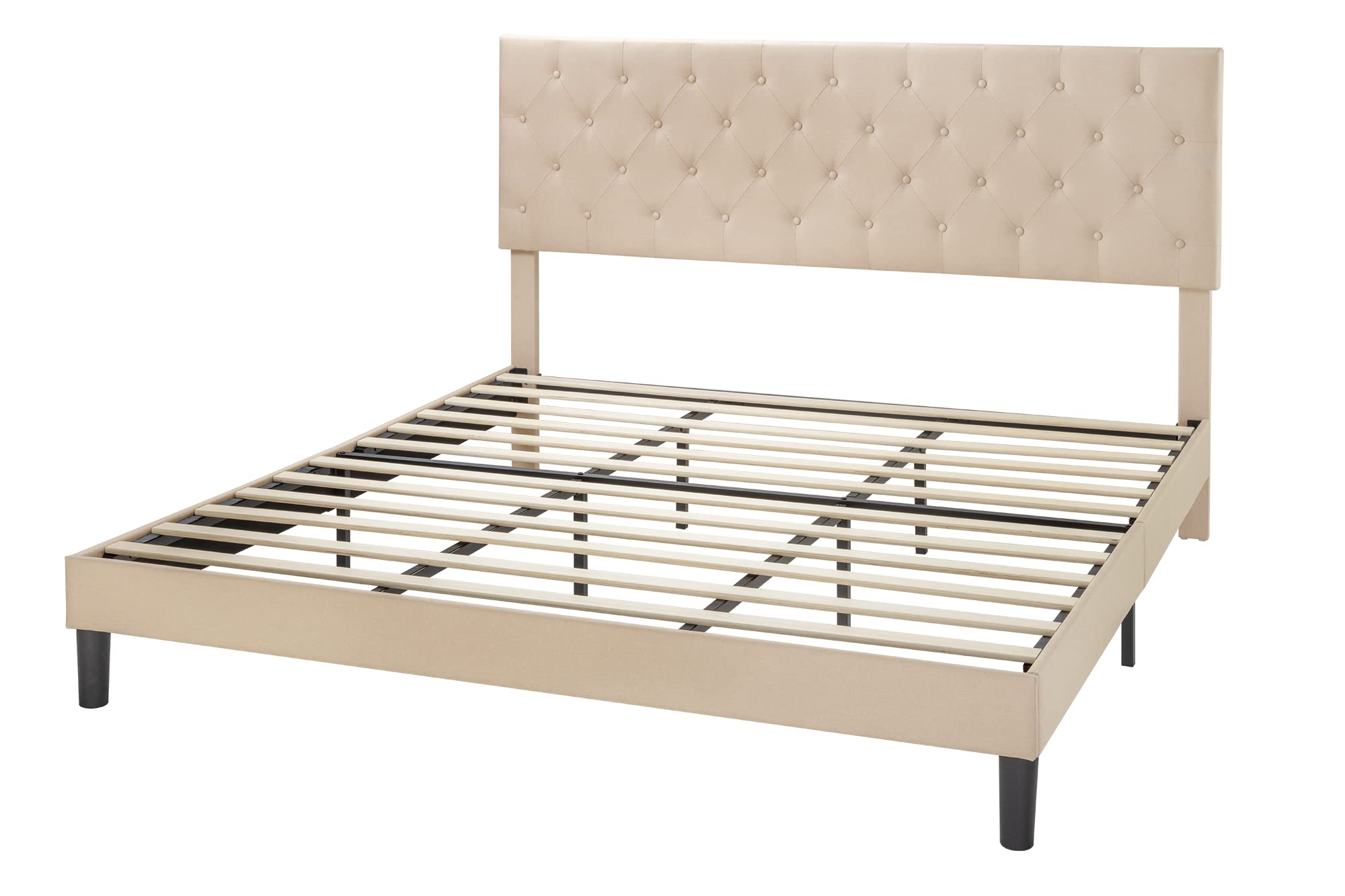 Allewie King Bed Frame with Adjustable Headboard/Diamond Stitched Button Tufted/Fabric Upholstered Platform Bed Frame/Wood Slat Support/No Box Spring Needed/Easy Assembly, Beige