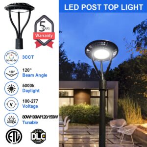 LED Post Top Light with Dusk to Dawn Photocell, 80W/100W/120W/150W Power Tunable (130lm/w) 3CCT (3000k-4000k-5000k) Outdoor Post Light for Garden Pathway Yard Street Area Lighting- DLC/ETL Listed