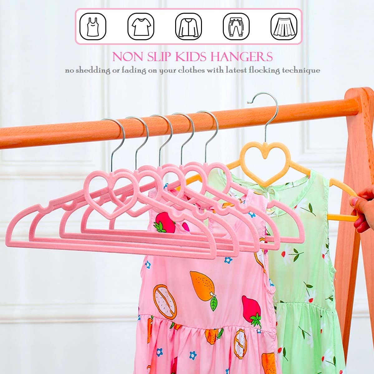 JIUXCF Kids Velvet Hangers 50 Pack, 12.8 Inch Non Slip Toddler Hangers, Ultra Slim Space Saving Childrens Hangers - 360° Swivel Hook, Cascade Design, Durable & Cute Baby Hangers (Pink