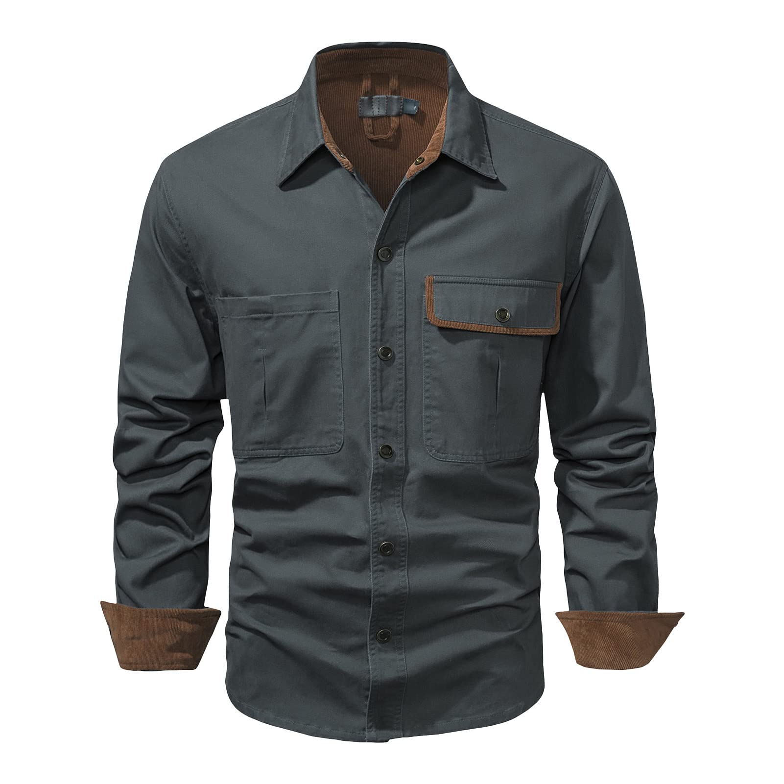 Men's Long Sleeve Washed Hiking Shirts Lightweight Tactical Button Down Cargo Shirts Solid Slim Shirt with Pockets (Grey,X-Large)