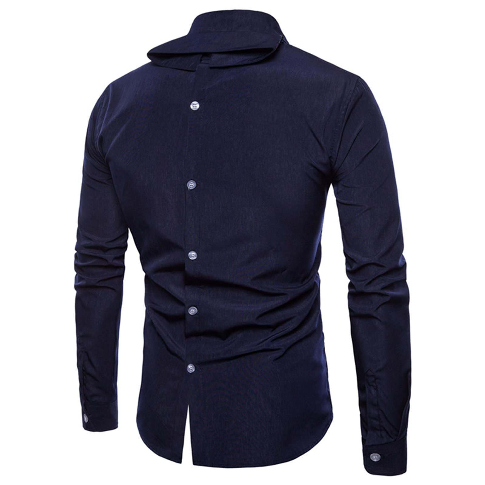 Men's Long Sleeve Stylish Shirts Solid Color Casual Button Down Shirts Turn-Down Collar Shirt Top with Pockets (Dark Blue,Large)