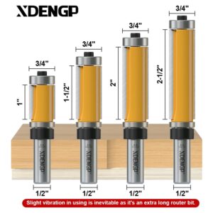 XDENGP 4 PCS Top and Bottom Bearing Flush Trim Router Bits Set 1/2 Inch Shank, 3/4 Inch Cutting Diameter