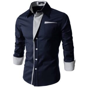 Mens Long Sleeve Stylish Dress Shirts Patchwork Casual Button Down Shirts Turn-Down Collar Shirt Top with Pockets (Dark Blue,XX-Large)