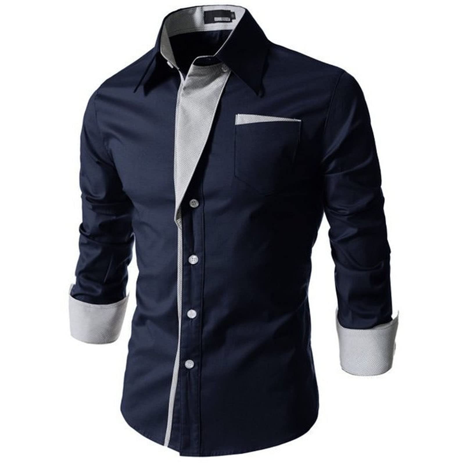 Mens Long Sleeve Stylish Dress Shirts Patchwork Casual Button Down Shirts Turn-Down Collar Shirt Top with Pockets (Dark Blue,XX-Large)