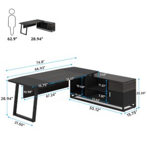Tribesigns 74.8” Executive Desk and 55” Lateral File Cabinet, Large L-Shaped Computer Desk with Storage Cabinet and Shelves, Home Office Furniture Desk Set Business Furniture, Walnut/Black