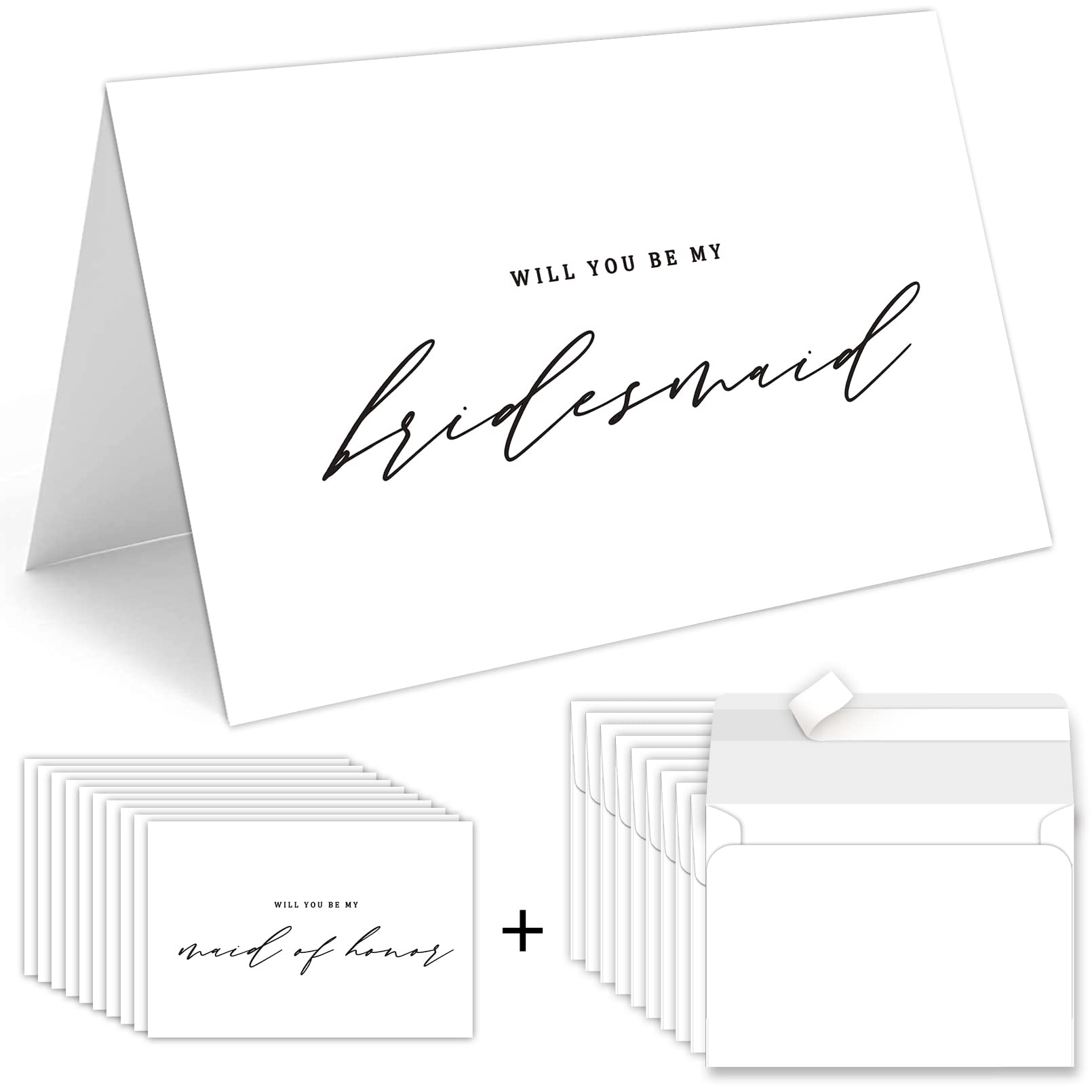 TQDaiker 10 Packs Will You Be My Bridesmaid Cards, 2 Matron of Honor 2 Maid of Honor Card, 6 Bridesmaid Cards, Bridesmaid Invitation Card Set of 10, Bridesmaid Proposal Wedding Card, White and Black