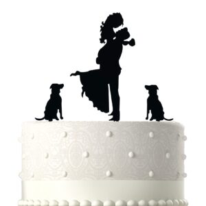 nshyxxspy mr and mrs wedding/engagement/marriage cake topper - bride hold groom with flowers besides two pet dogs silhouette cake decoration supplies