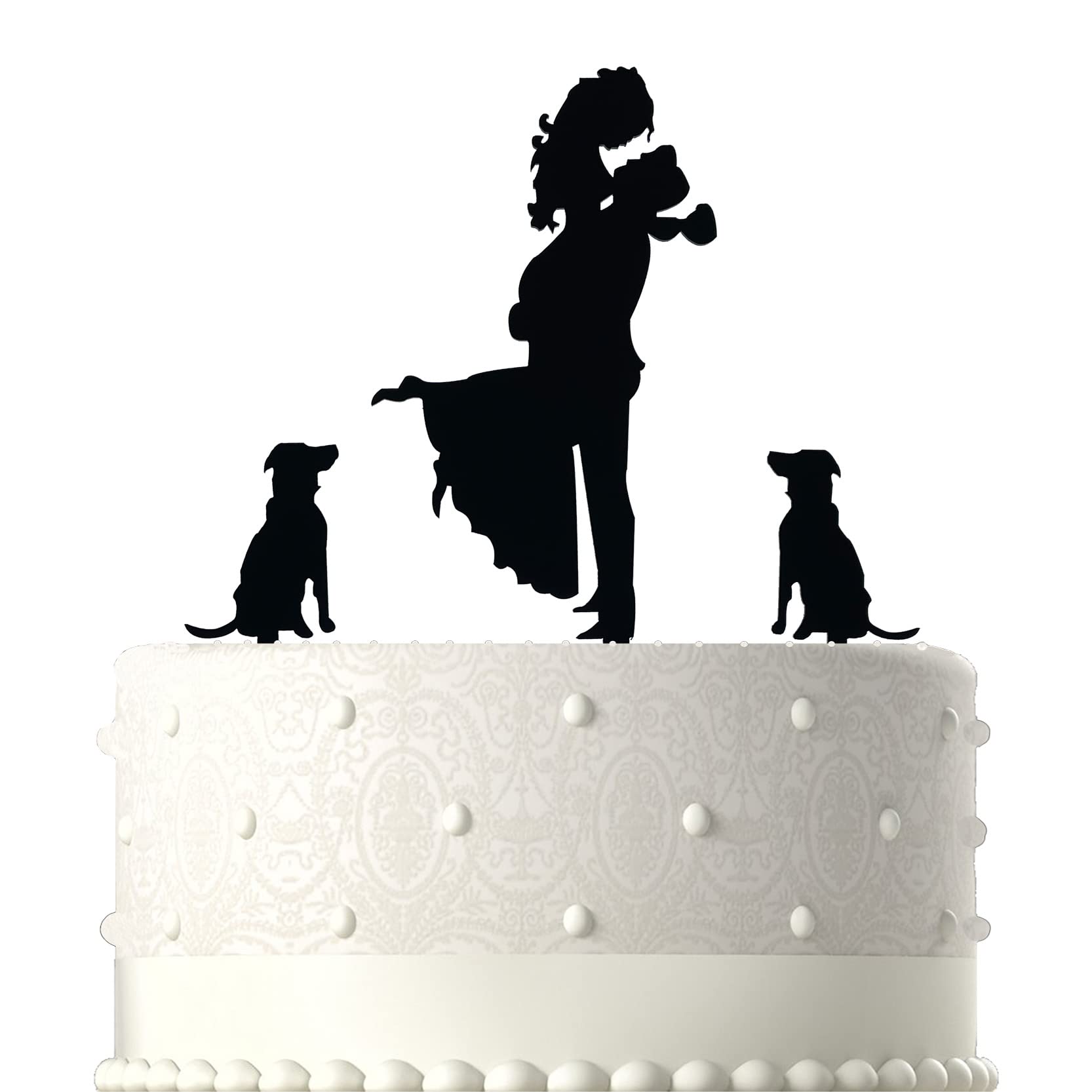 NSHYXXSPY Mr and Mrs Wedding/Engagement/Marriage Cake Topper - Bride Hold Groom with Flowers Besides Two Pet Dogs Silhouette Cake Decoration Supplies