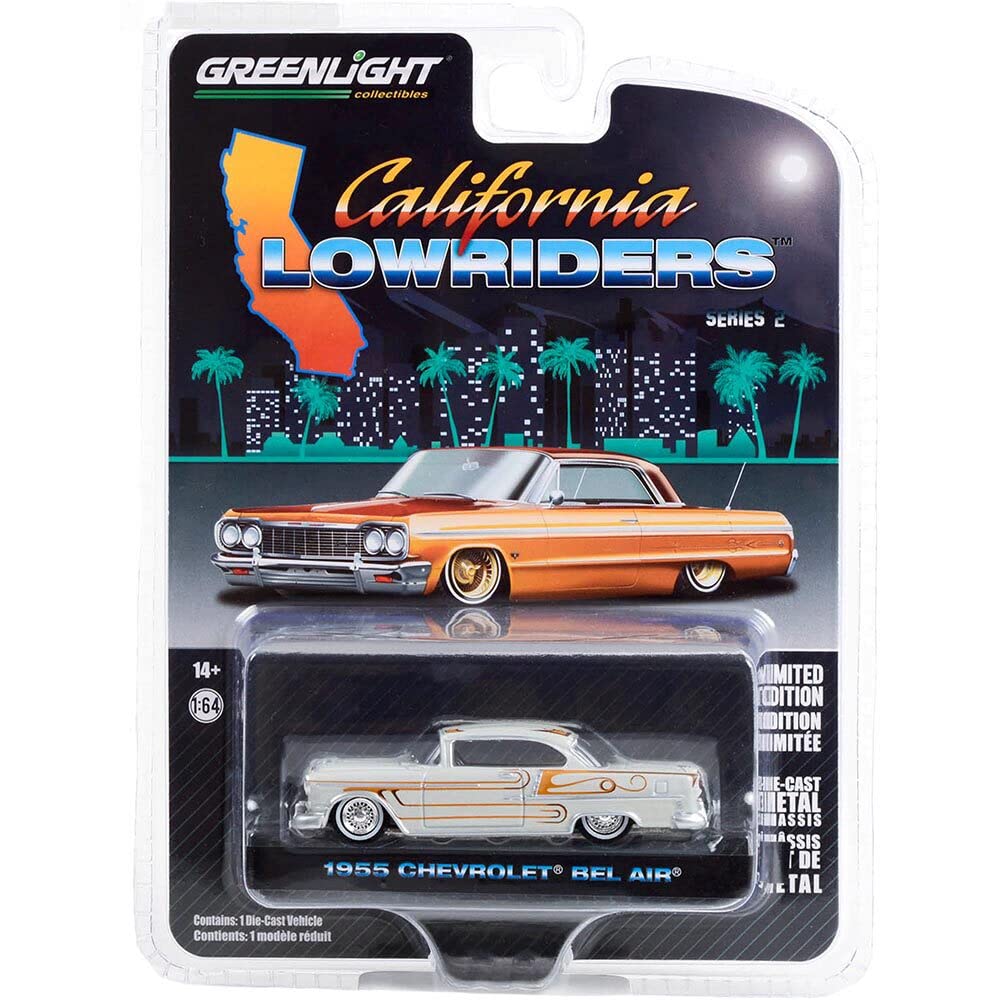 Greenlight 63030-A California Lowriders Series 2 - 1955 Chevy Bel Air - Custom Light Gray Metallic and Gold 1:64 Scale Diecast