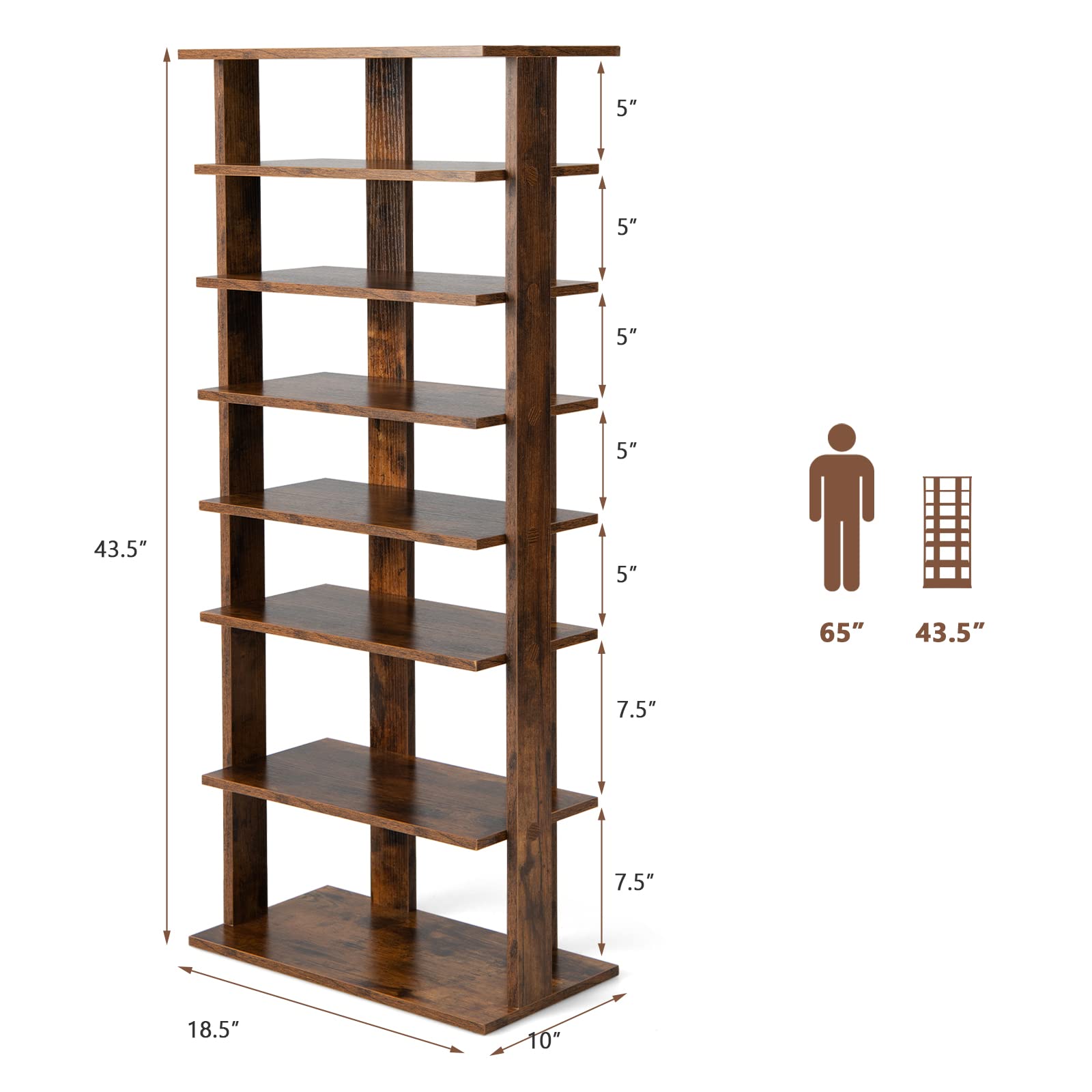 Giantex 8-Tier Wooden Shoe Rack, Patented Double Row Shoe Organizer for 16 Pairs, Customizable Height, Space-Saving Shoe Storage Stand for Entryway, Hallway, Living Room, Bedroom (Brown, Double)