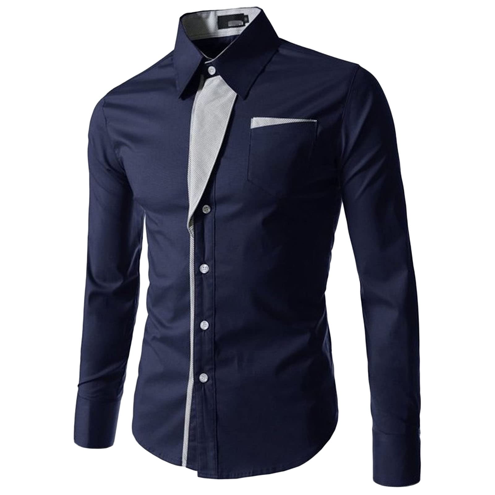 Mens Long Sleeve Stylish Dress Shirts Patchwork Casual Button Down Shirts Turn-Down Collar Shirt Top with Pockets (Dark Blue,XX-Large)