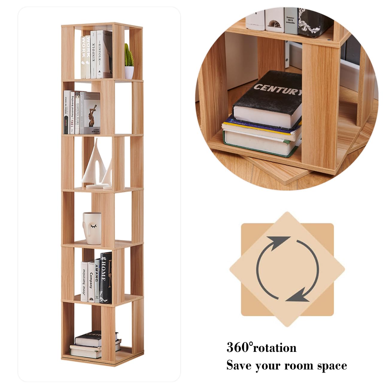 Rotating Bookshelf,6 Tier 360 Floor Standing Revolving Bookcase Storage Rack,Wood Narrow Bookshelf for Small Space,Corner Book Shelf Organizer for Bedroom, Living Room (Burlywood)