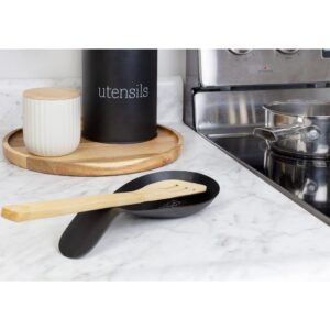 AuldHome Design Farmhouse Black Spoon Rest, Enamel Ceramic Spoon Holder in Vintage Style