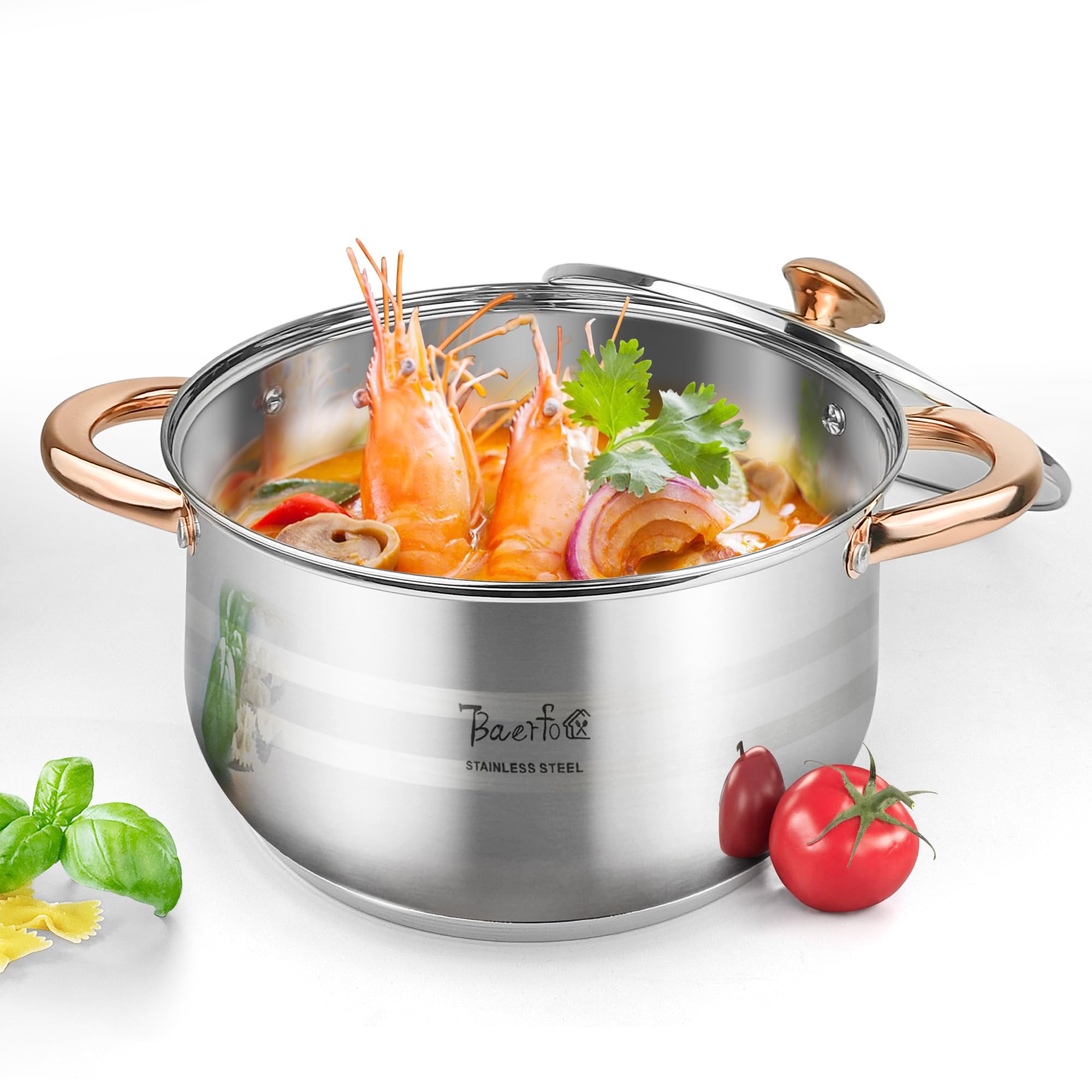 BAERFO 5 Quart Stock Pot, 18/8 Stainless Steel Stock Pot with Lid, 5 QT Healthy stainless steel pot, Induction, Oven,Gas and Dishwasher Safe soup Pot