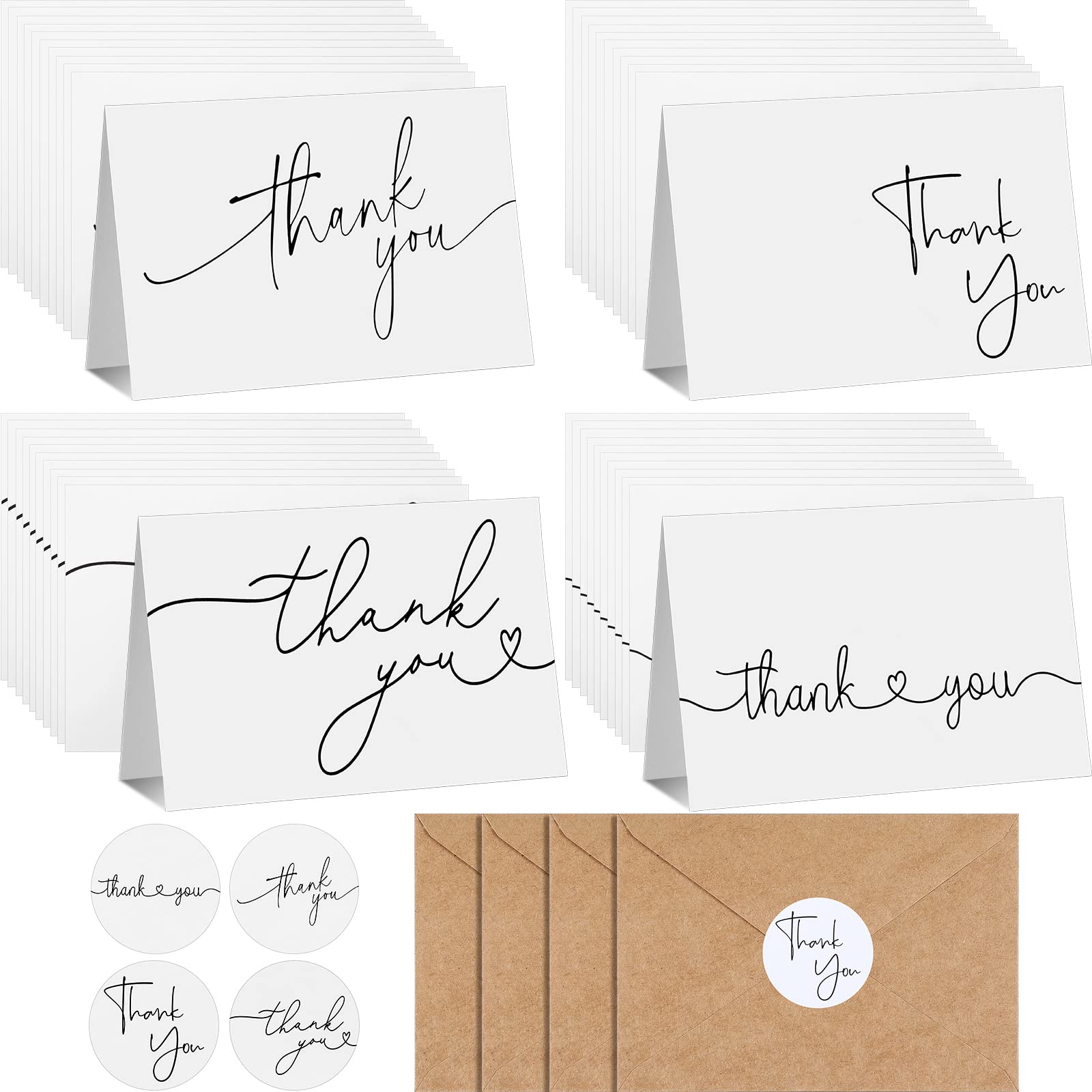 Teling 200 Set Thank You Cards Bulk Blank Thank U Greeting Notes with Matching Brown Kraft Envelopes and Stickers Thank You Greeting Card Set for Wedding Birthday Baby Shower 6 x 4 Inch (White)