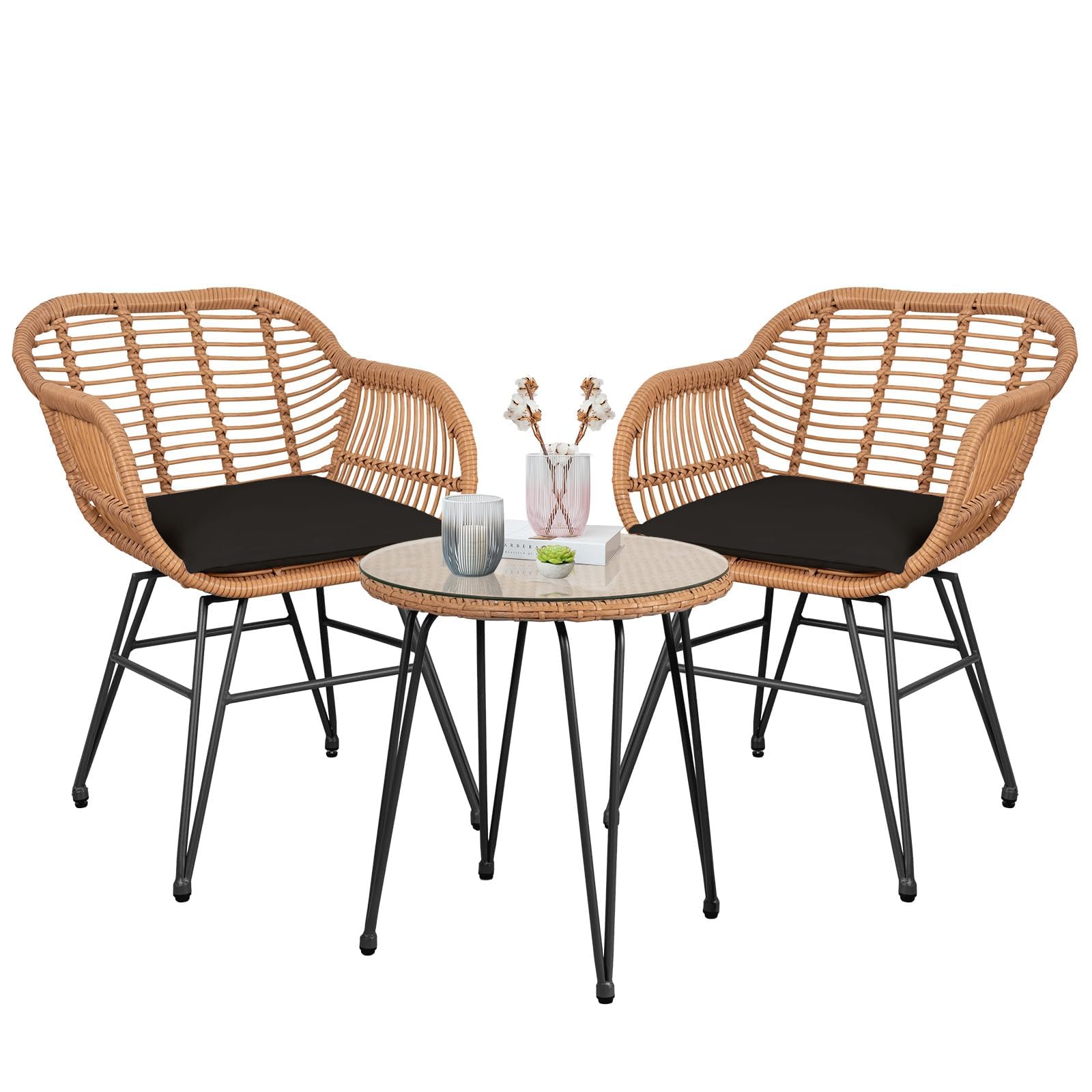 HOMEZILLIONS 3 Piece Outdoor Wicker Furniture Bistro Set, Rattan Chairs Conversation Sets Porch Furniture, Wicker Patio Furniture for Balcony Poolside Backyard