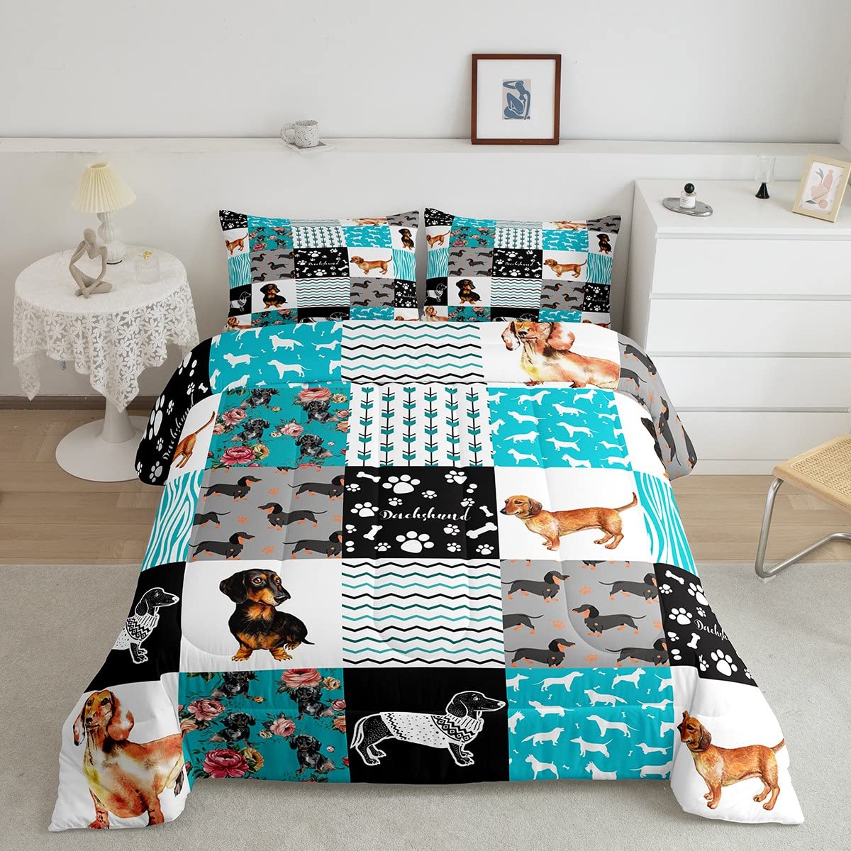 Cute Dachshund Comforter Set for Kids Boys Girls,Lovely Puppy Pet Bedding Twin Size,Kawaii Dog Paw Quilt for Dog Lover,Farmhouse Flower Animal Duvet Insert with 1 Pillowcase Home Room Decor