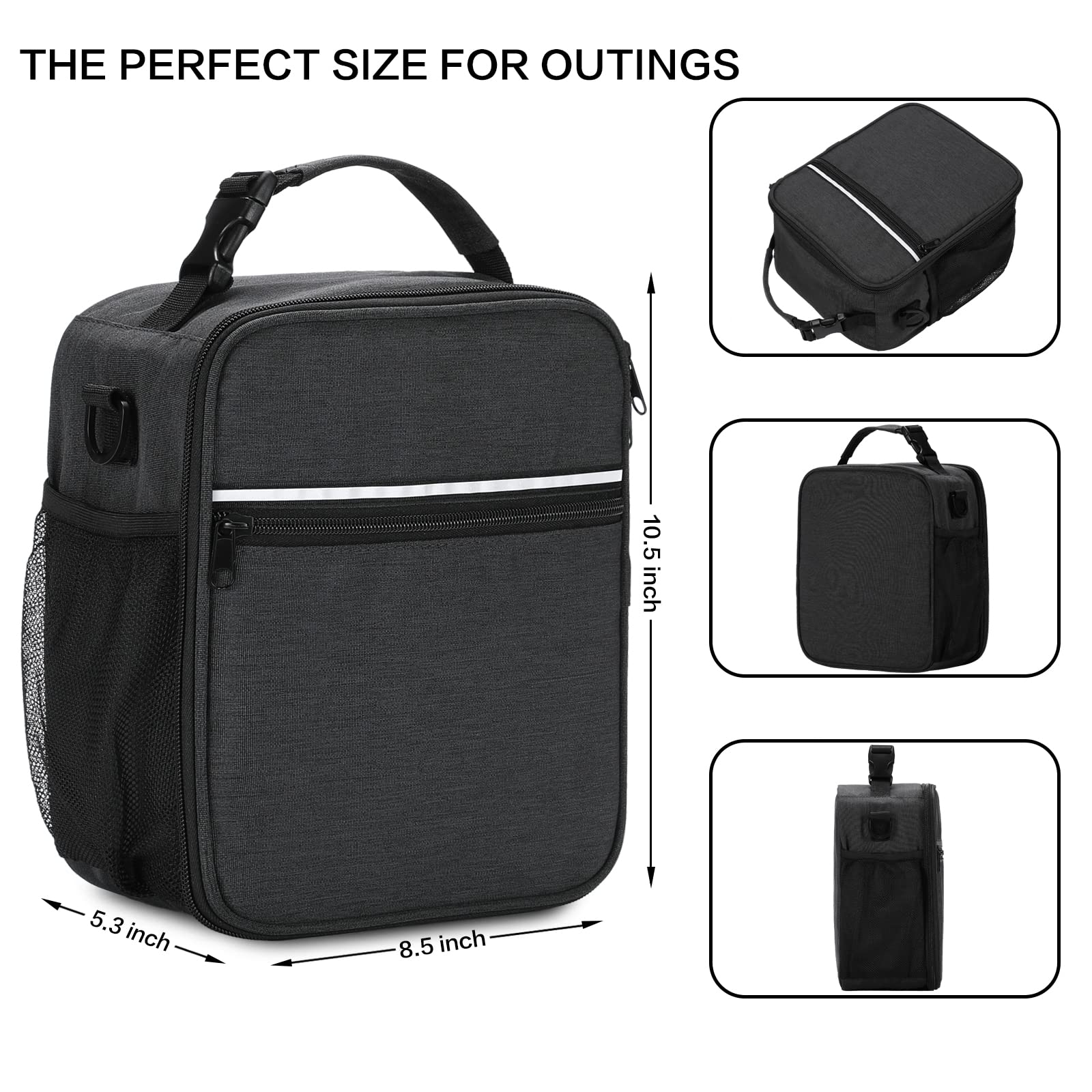 UYLIA Lunch Box for Men, Insulated Lunch Bag Women with Shoulder Strap, Thermal Reusable Work Lunch Cooler bag for Adult Men Women Office Fits 12 Cans with Side Pocket(Dark Grey, Medium)