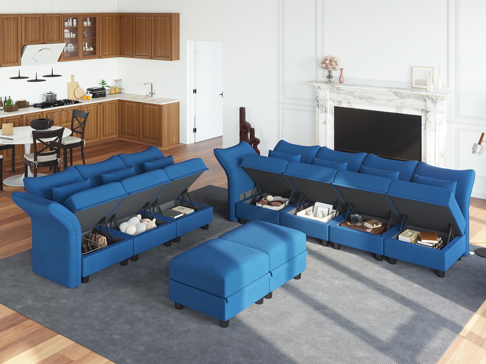 LLappuil Oversized Sleeper Sectional Sofa Couch, 102.2" 9-Seater Bed Shaped Modular Sectional Sofa with Storage Chaise, High Back Recliner Velvet Couches, Anti-Scratch Blue