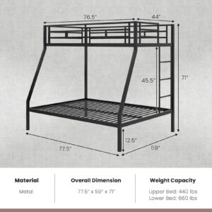 KOMFOTT Metal Twin Over Full Bunk Bed, Heavy Duty Bed Frame with Integrated Ladder, Full-Length Guardrails for Teens & Adults, Space-Saving Bunk Bed for Bedroom & Dorm, No Box Spring Required