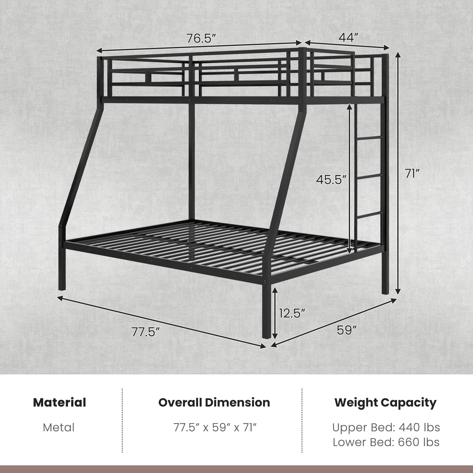 KOMFOTT Metal Twin Over Full Bunk Bed, Heavy Duty Bed Frame with Integrated Ladder, Full-Length Guardrails for Teens & Adults, Space-Saving Bunk Bed for Bedroom & Dorm, No Box Spring Required