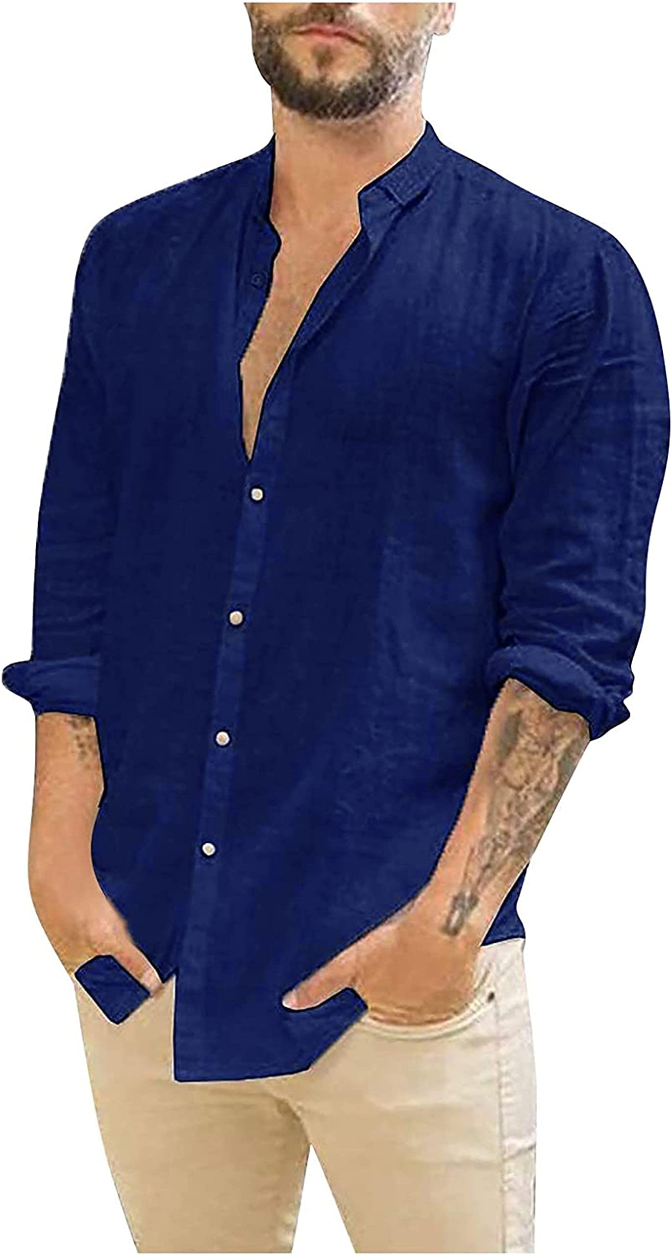 Men Linen Button Down Dress Shirts Casual Long Sleeve Cotton Beach T Shirts Stand Collar Solid Summer Yoga Tops (Blue,Large)