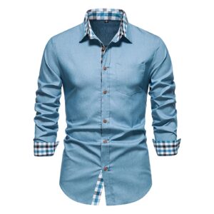 men long sleeve stylish patchwork shirts slim fit casual button down denim shirt turn-down collar dress shirt top (light blue,x-large)