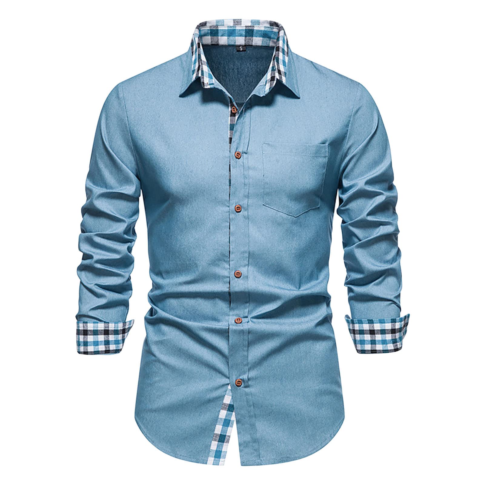 Men Long Sleeve Stylish Patchwork Shirts Slim Fit Casual Button Down Denim Shirt Turn-Down Collar Dress Shirt Top (Light Blue,X-Large)