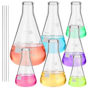 9 pack glass erlenmeyer flask set with glass stirring rod, 7 sizes, 50ml, 100ml, 150ml, 200ml, 250ml, 300ml, 500ml, borosilicate glass erlenmeyer flasks with printed graduation for lab chemistry