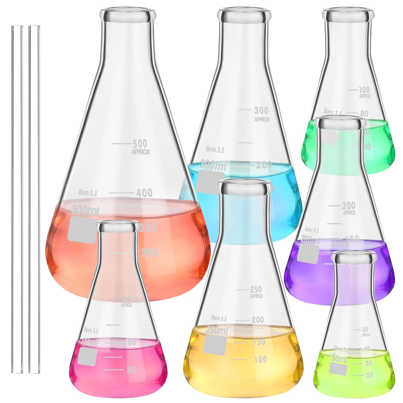 9 Pack Glass Erlenmeyer Flask Set with Glass Stirring Rod, 7 Sizes, 50ml, 100ml, 150ml, 200ml, 250ml, 300ml, 500ml, Borosilicate Glass Erlenmeyer Flasks with Printed Graduation for Lab Chemistry