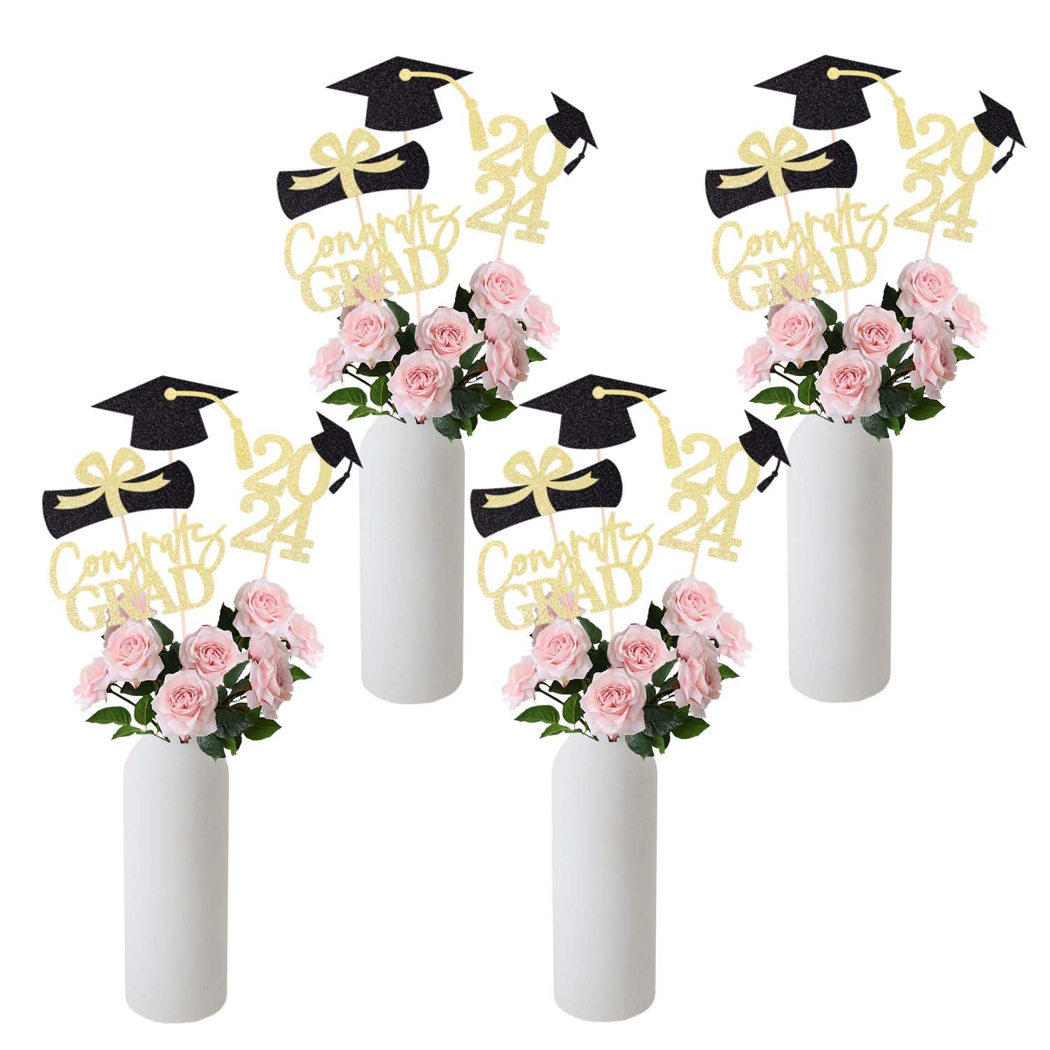 Gexolenu 16 PCS Gold and Black Double-Sided 2024 Graduation Centerpieces for Tables, 2024 Table Toppers Party Centerpiece Sticks Party Supplies, Graduation Party Decorations Class of 2024, Set of 4