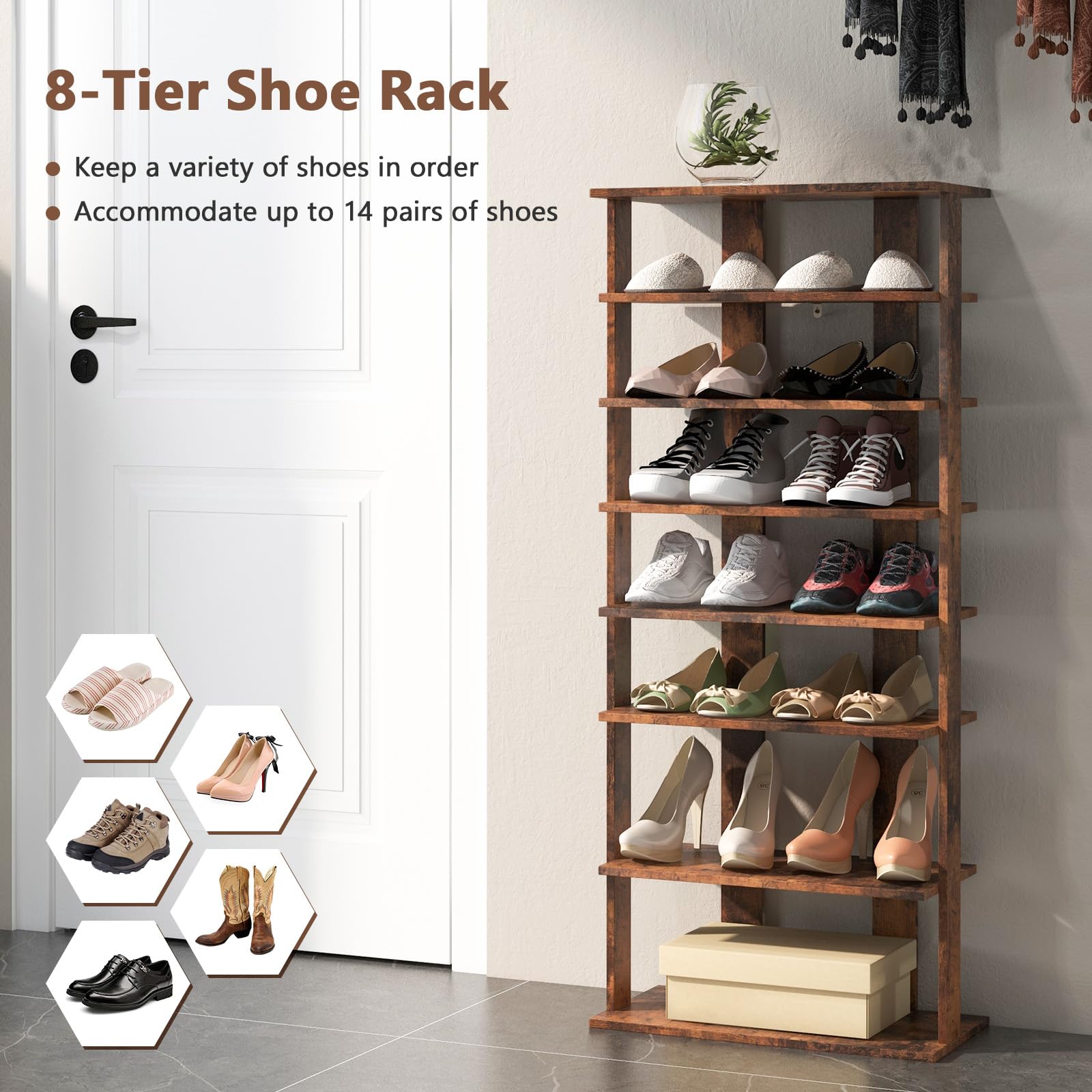 Giantex 8-Tier Wooden Shoe Rack, Patented Double Row Shoe Organizer for 16 Pairs, Customizable Height, Space-Saving Shoe Storage Stand for Entryway, Hallway, Living Room, Bedroom (Brown, Double)