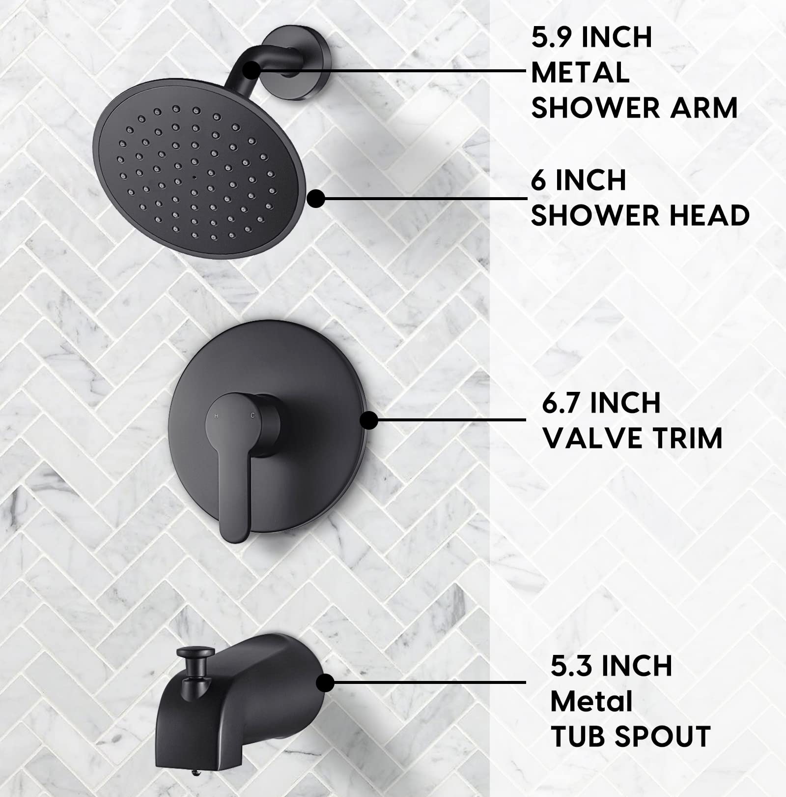 Vantency Black Tub Shower Faucet Set with Valve, Black Shower Head and Handle Set with 6 Inch Rain Shower, Tub and Shower Faucet Combo