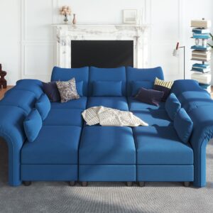 LLappuil Oversized Sleeper Sectional Sofa Couch, 102.2" 9-Seater Bed Shaped Modular Sectional Sofa with Storage Chaise, High Back Recliner Velvet Couches, Anti-Scratch Blue