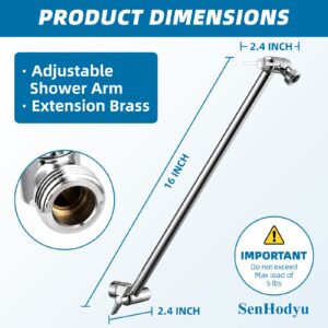 Adjustable Shower Head Extension Arm by SenHodyu - 16" Solid Brass Shower Arm Extension with Lock Joints, Universal Connection to Rain Shower Heads, Easy to Install (Luxury Polished Chrome)