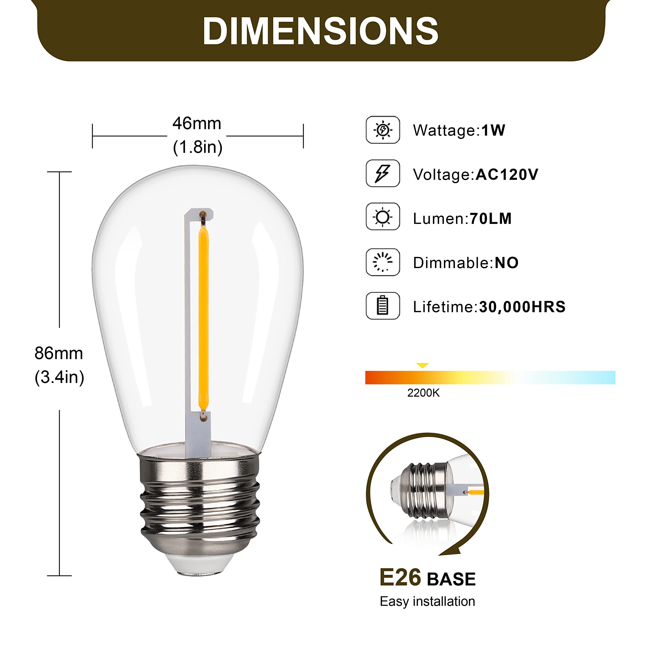 YIMILITE S14 Outdoor String Light Bulbs, Shatterproof Replacement Bulbs, 1W Equivalent to 10W, Waterproof 2200K Warm White Led Light Bulbs, E26 Base 25 Pack