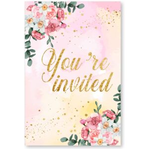 Floral Gold Foil Sweet Sixteen Birthday Party Invitations with Envelopes Set of 20 Gold Glitter Pink Flowers Sweet 16 16th Birthday Party Invites