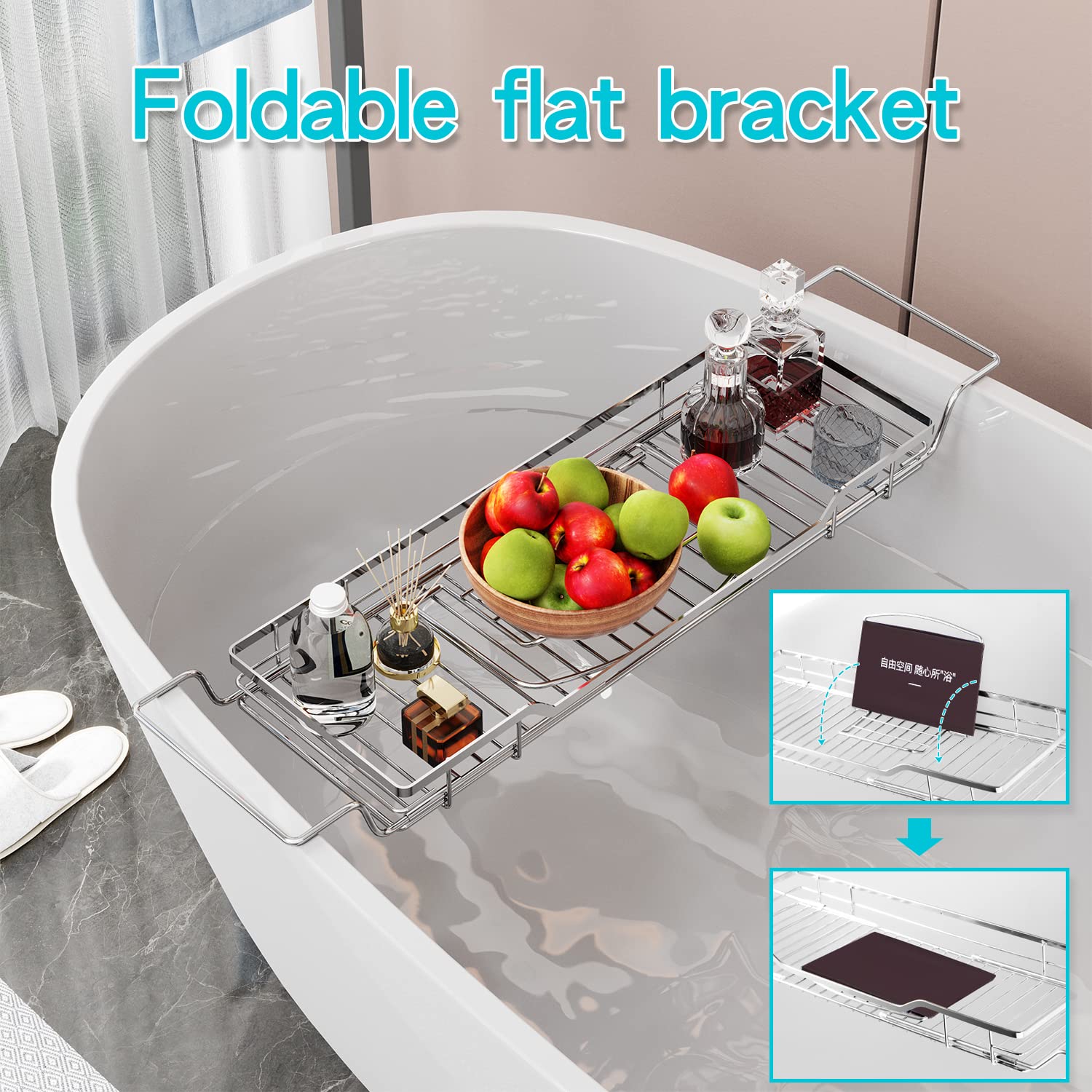 YQh Adjustable Tub Rack, 304 Stainless Steel Bathroom Tray, Multi-Function Tub Organizer with Adjustable Reading Rack, for Tablet or Cell Phone