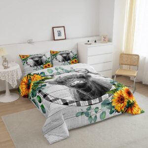 Sunfloral Highland Cow Bedding Set Grey Bull Cattle Comforter Set for Kids Boys Girls Teens Highland Cattle Comforter Funny Farmhouse Duvet Set 3Pcs Queen Size