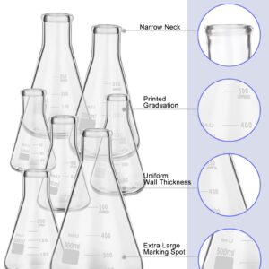 9 Pack Glass Erlenmeyer Flask Set with Glass Stirring Rod, 7 Sizes, 50ml, 100ml, 150ml, 200ml, 250ml, 300ml, 500ml, Borosilicate Glass Erlenmeyer Flasks with Printed Graduation for Lab Chemistry