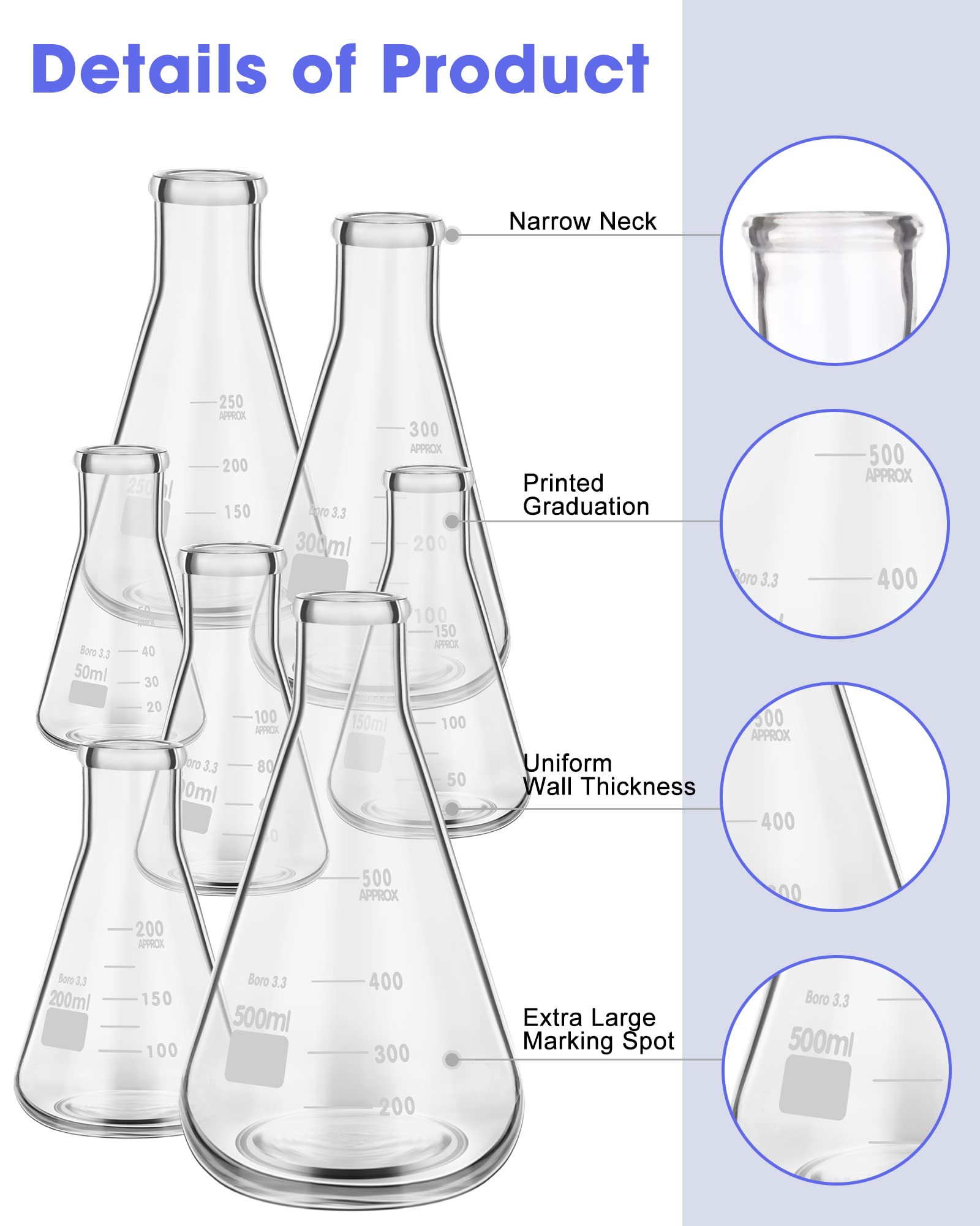 9 Pack Glass Erlenmeyer Flask Set with Glass Stirring Rod, 7 Sizes, 50ml, 100ml, 150ml, 200ml, 250ml, 300ml, 500ml, Borosilicate Glass Erlenmeyer Flasks with Printed Graduation for Lab Chemistry