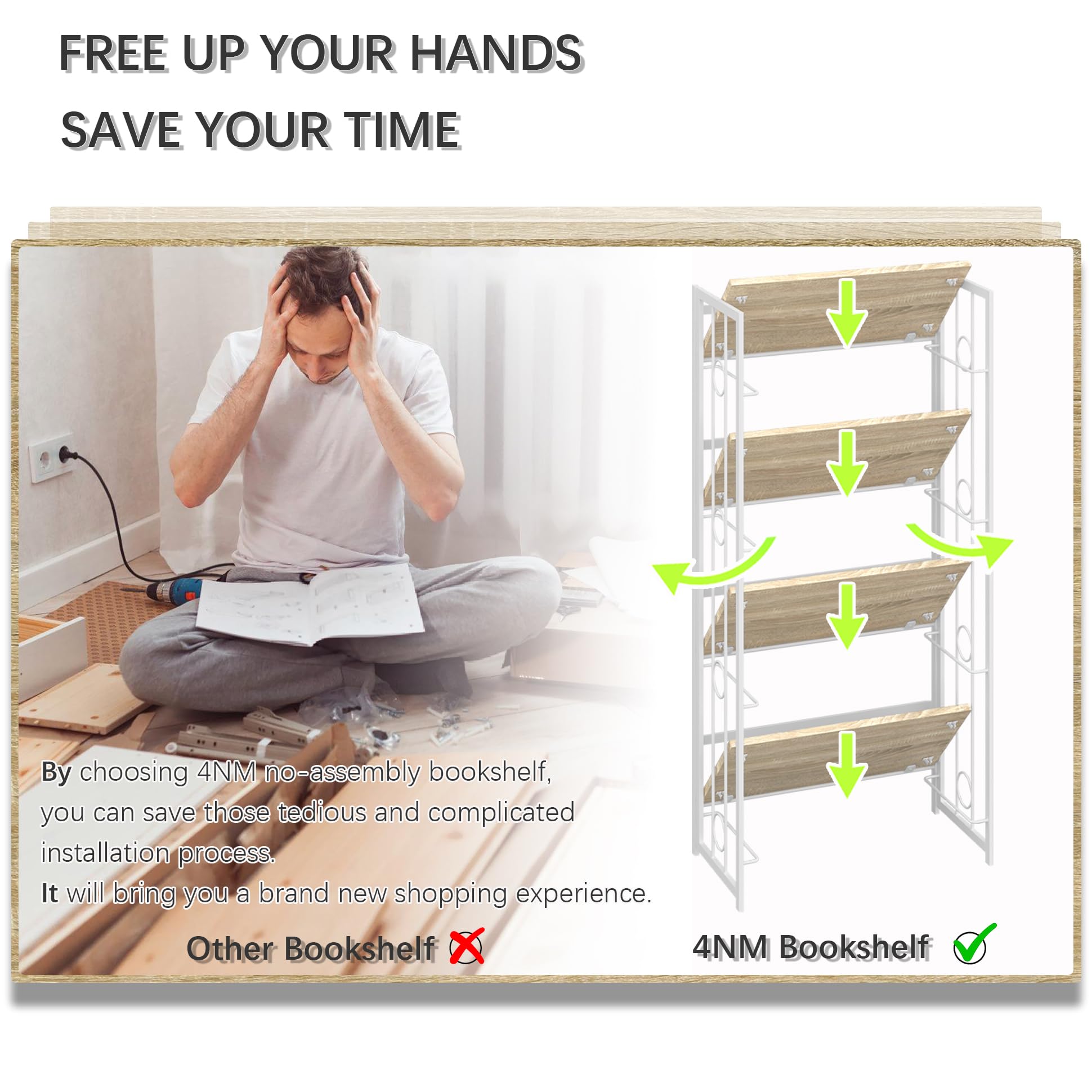 4NM No-Assembly 4 Tiers Folding Bookshelf Storage Shelves Vintage Bookcase Standing Racks Study Organizer Home Office - Natural and White