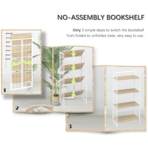 4NM No-Assembly 4 Tiers Folding Bookshelf Storage Shelves Vintage Bookcase Standing Racks Study Organizer Home Office - Natural and White