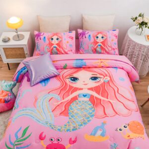 Aimuan Girls Tail Glitter Comforter Set for Women, Mermaid Fish Bedding Set 6Pcs in a Bag Pink Quilt Set for Girls Bedroom (Pink, Full 6Pcs)