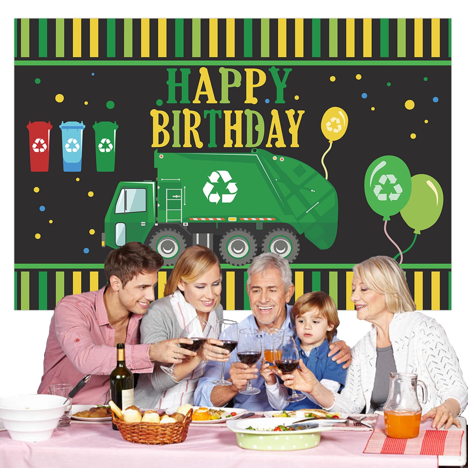 Garbage Truck Trash Trucks Happy Birthday Banner BackdropWaste Management Recycling Bin Theme Decor Decorations for 1st Birthday Party Baby Shower Supplies Favors Background Photo Booth Props Flag