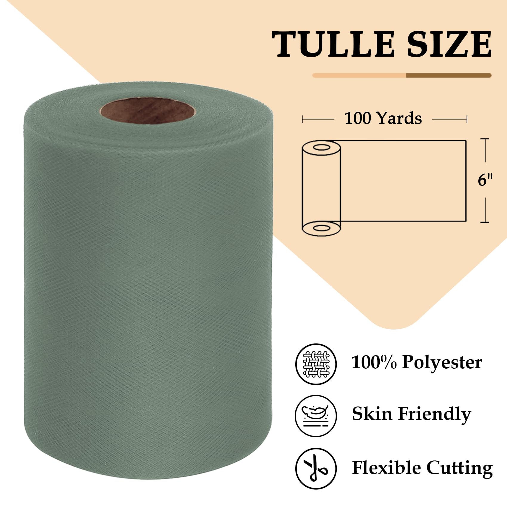 Sage Green Tulle Fabric Roll 6 Inch by 100 Yards (300 feet) Sheer Tulle Netting Spool Tulle Ribbon for Tutu Skirt Christmas Gift Wrapping Wedding Baby Shower Party Decorations DIY Crafts