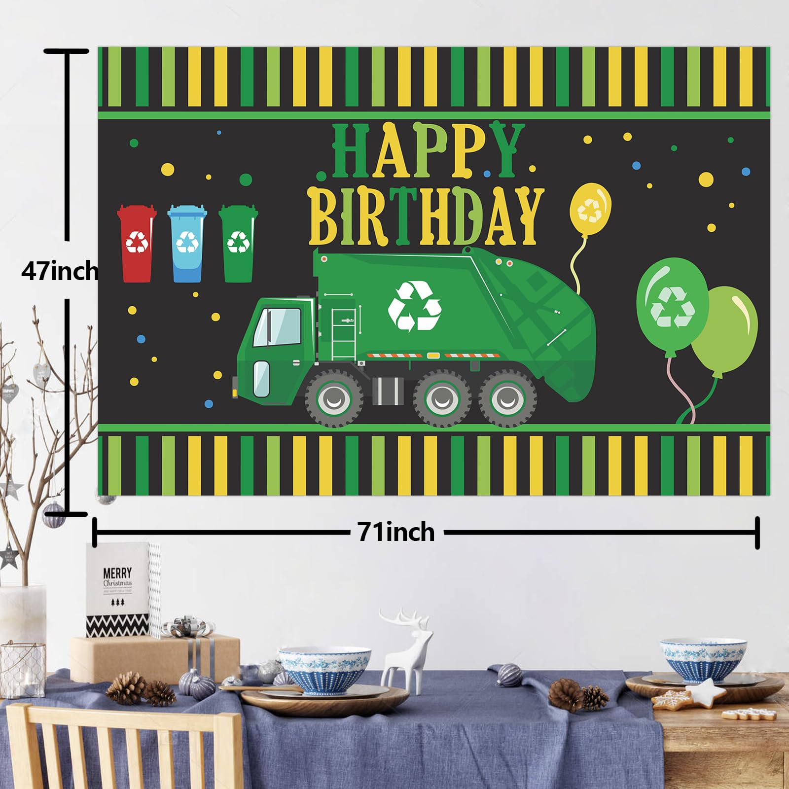 Garbage Truck Trash Trucks Happy Birthday Banner BackdropWaste Management Recycling Bin Theme Decor Decorations for 1st Birthday Party Baby Shower Supplies Favors Background Photo Booth Props Flag